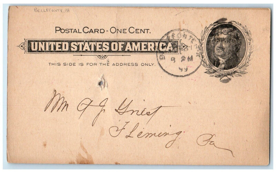 1899 Acknowledging Receipt Jas. Harris & Co. Bellefonte Fleming PA Postal Card