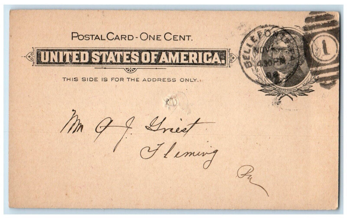 1898 Mr. AJ Griest Bellefonte Fleming PA Jas. Harris & Co.  Postal Card
