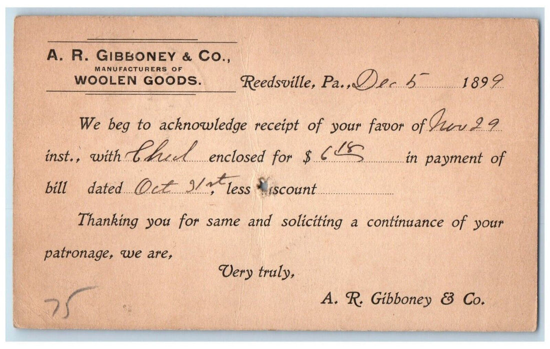 1899 AR Gibboney & Co. Woolen Goods Reedsville Pennsylvania PA PMC Postal Card