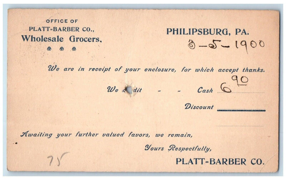 1900 Platt Barber Co. Wholesale Grocers Philipsburg Pennsylvania PA Postal Card