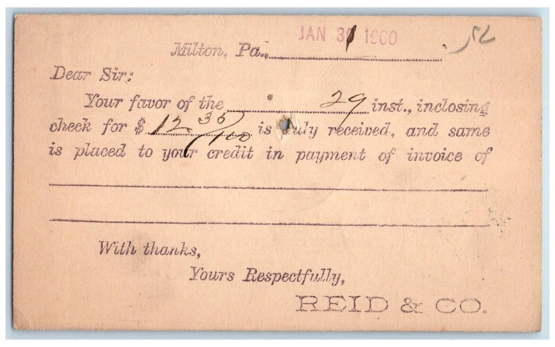 1900 Reid & Co Inclosing Check Milton Pennsylvania PA Fleming PA Postal Card