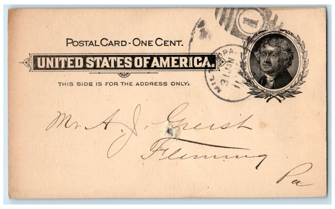 1900 Reid & Co Inclosing Check Milton Pennsylvania PA Fleming PA Postal Card