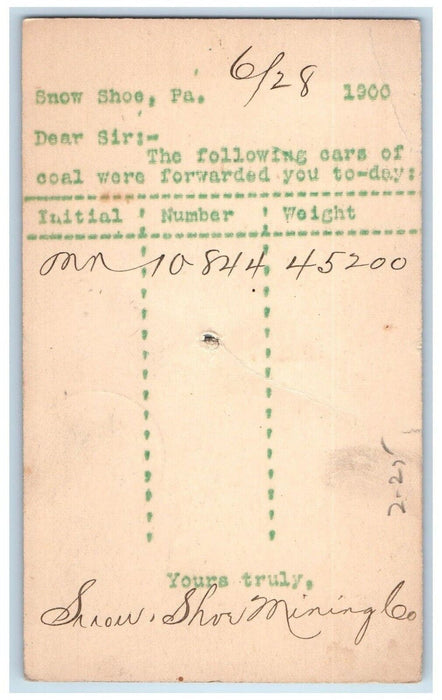 1900 Snow Shoe Mining Co. Snow Shoe Pennsylvania PA Fleming PA PMC Postal Card
