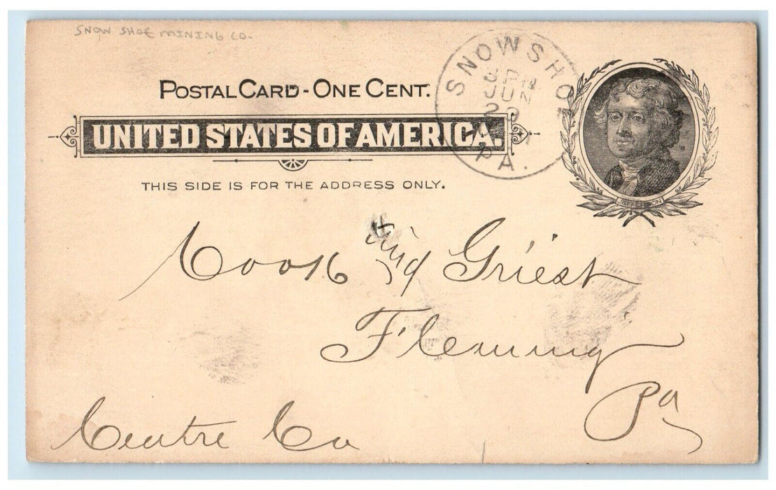1900 Snow Shoe Mining Co. Snow Shoe Pennsylvania PA Fleming PA PMC Postal Card