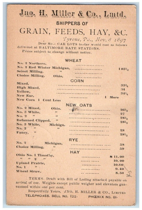 1897 Jno H. Miller & Co Limited Shippers of Grain Hay Tyrone PA Postal Card