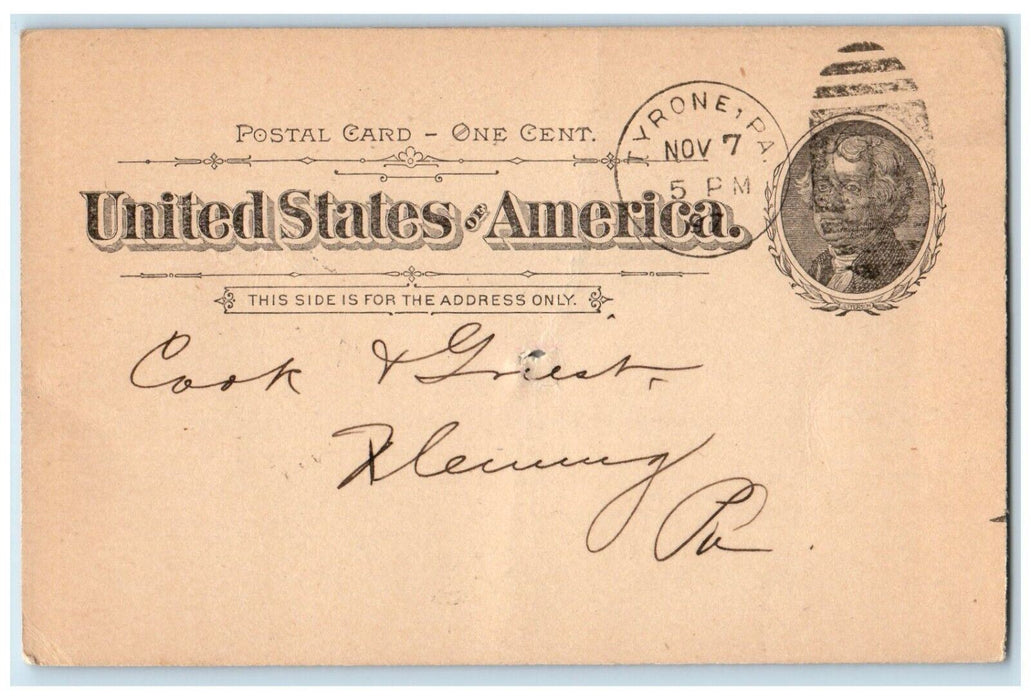 1897 Jno H. Miller & Co Limited Shippers of Grain Hay Tyrone PA Postal Card