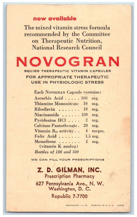 c1950's Novogran ZD Gilman Inc Advertisement Washington DC Antique Postal Card