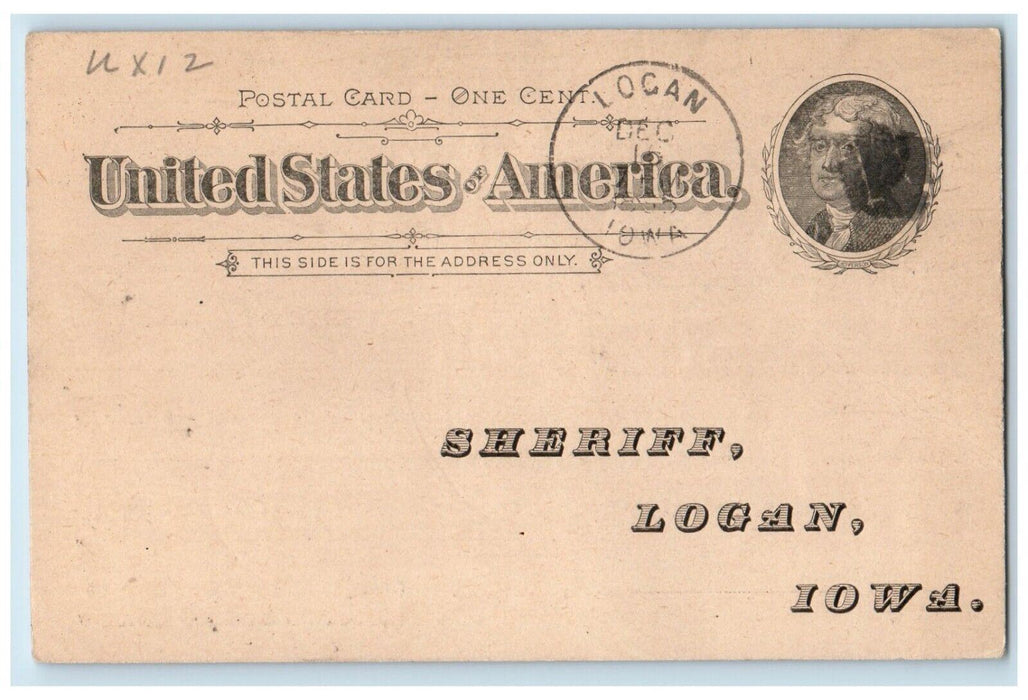 1895 Office of the Sheriff Harrison County Iowa Logan IA Antique Postal Card