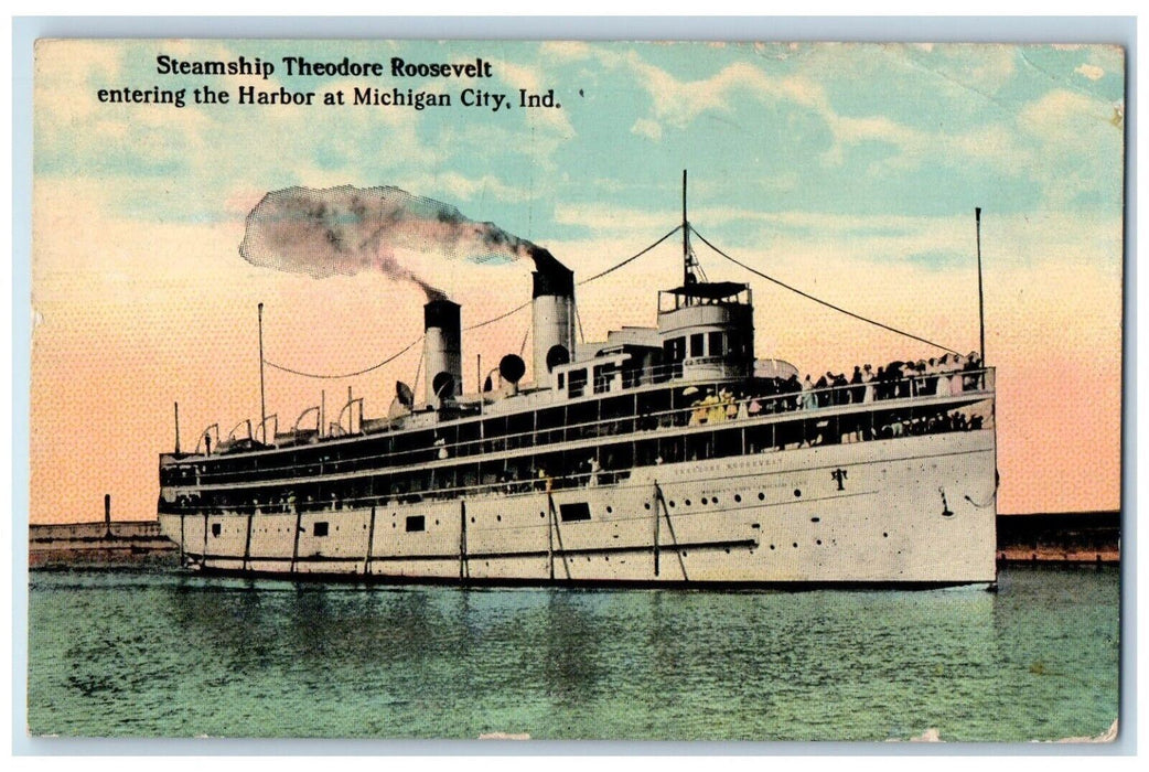 1912 Steamship Theodore Roosevelt Michigan City Indiana IN Antique Postcard
