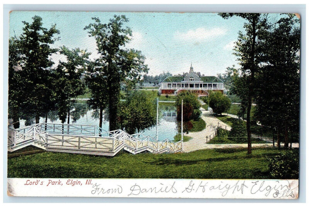 1907 Lord's Park Exterior Building River Lake Bridge Elgin Illinois IL Postcard