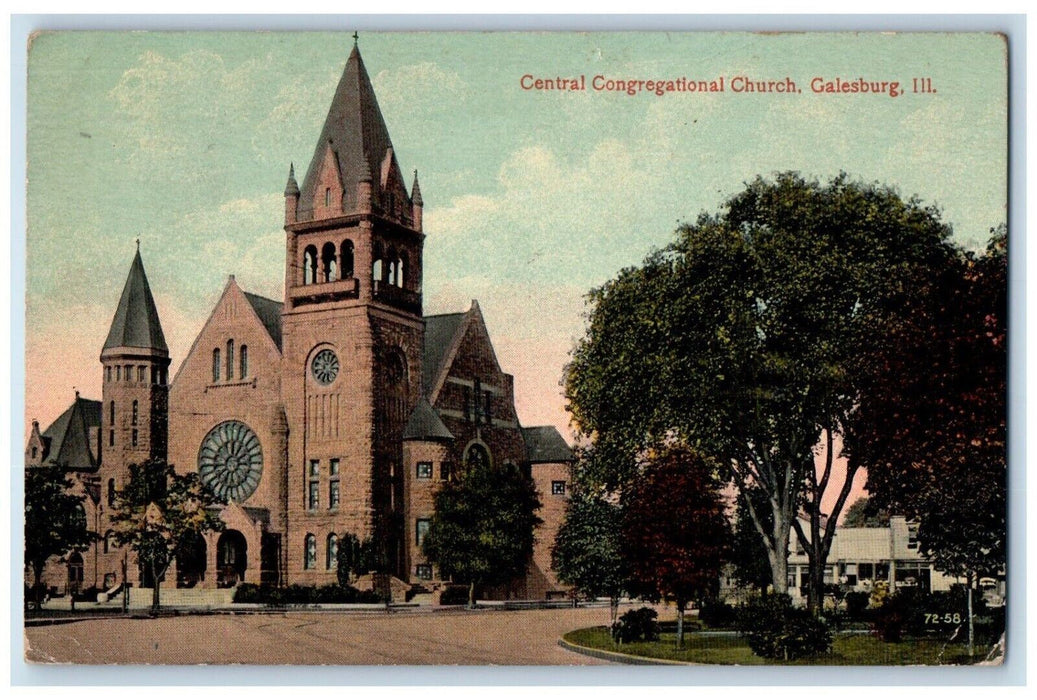 1917 Central Congregational Church Chapel Exterior Galesburg Illinois Postcard