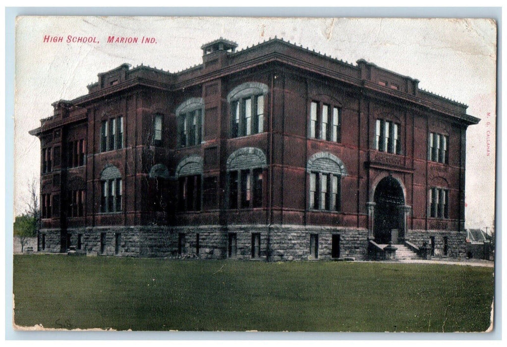 1907 High School Building Entrance Marion Indiana IN Antique Postcard