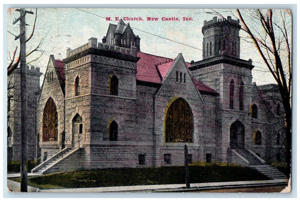 1909 M.E. Church Entrance New Castle Indiana IN Antique Posted Postcard