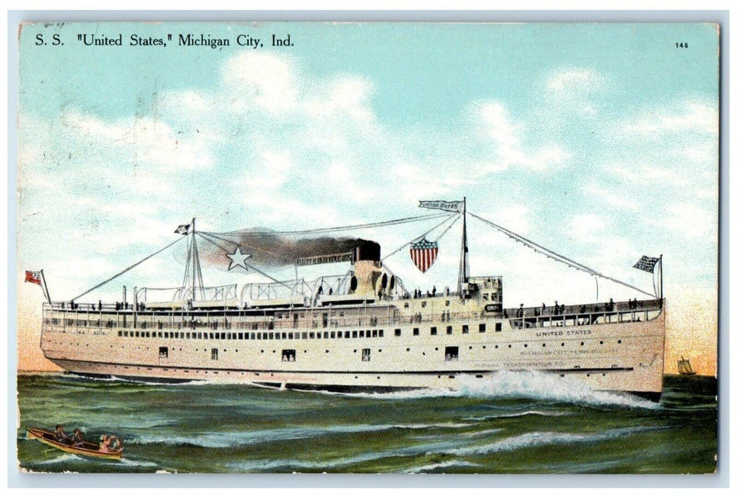 1913 S.S. United States Michigan City Indiana IN Chicago IL Antique Postcard