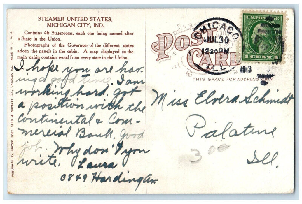 1913 S.S. United States Michigan City Indiana IN Chicago IL Antique Postcard