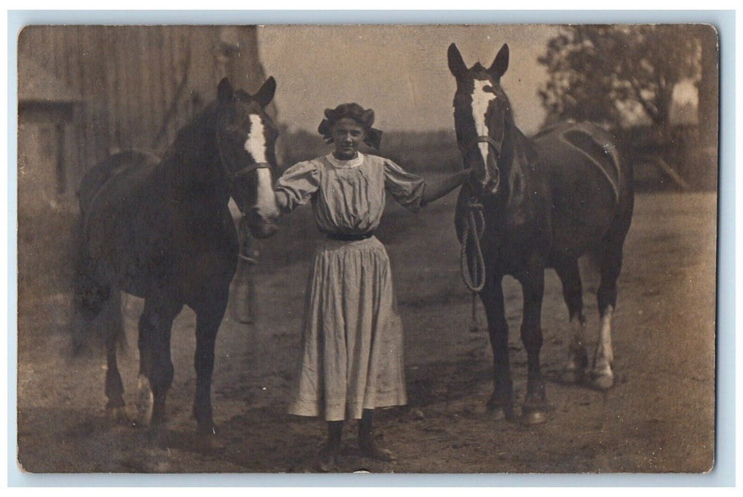 c1910's Horses And Girl At The Barn Unposted Antique RPPC Photo Postcard