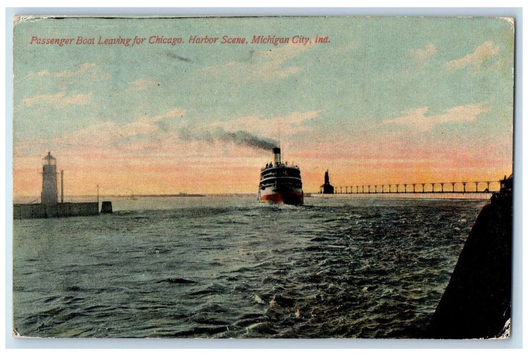 1912 Passenger Boat Leaving for Chicago Michigan City IN Posted Postcard