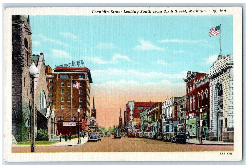 c1930's Franklin Street Looking South Michigan City Indiana IN Unposted Postcard
