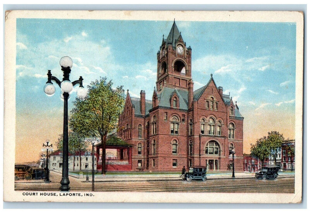 1920 Clock on Tower Court House Laporte Indiana IN Antique Posted Postcard