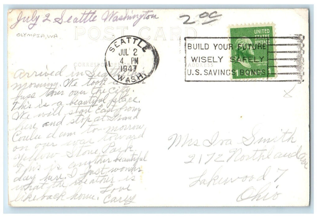 1947 Bird's Eye View Of State Capitol Olympia Washington WA RPPC Photo Postcard