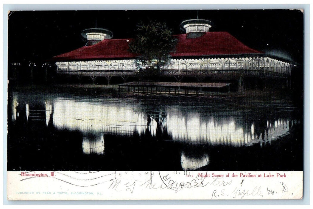 1907 Night Scene Pavilion Lake Park Exterior River Bloomington Illinois Postcard