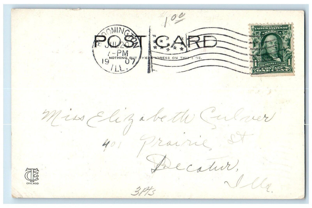 1907 Night Scene Pavilion Lake Park Exterior River Bloomington Illinois Postcard