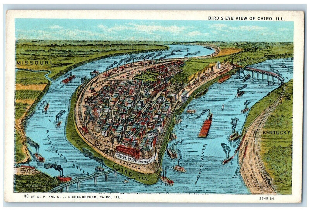 c1920 Birds-Eye View City Town River Lake Bridge Cairo Illinois Vintage Postcard