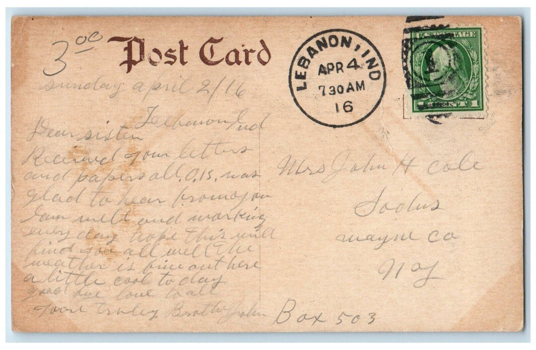 1916 Presbyterian Church Lebanon Indiana IN Posted Antique Postcard