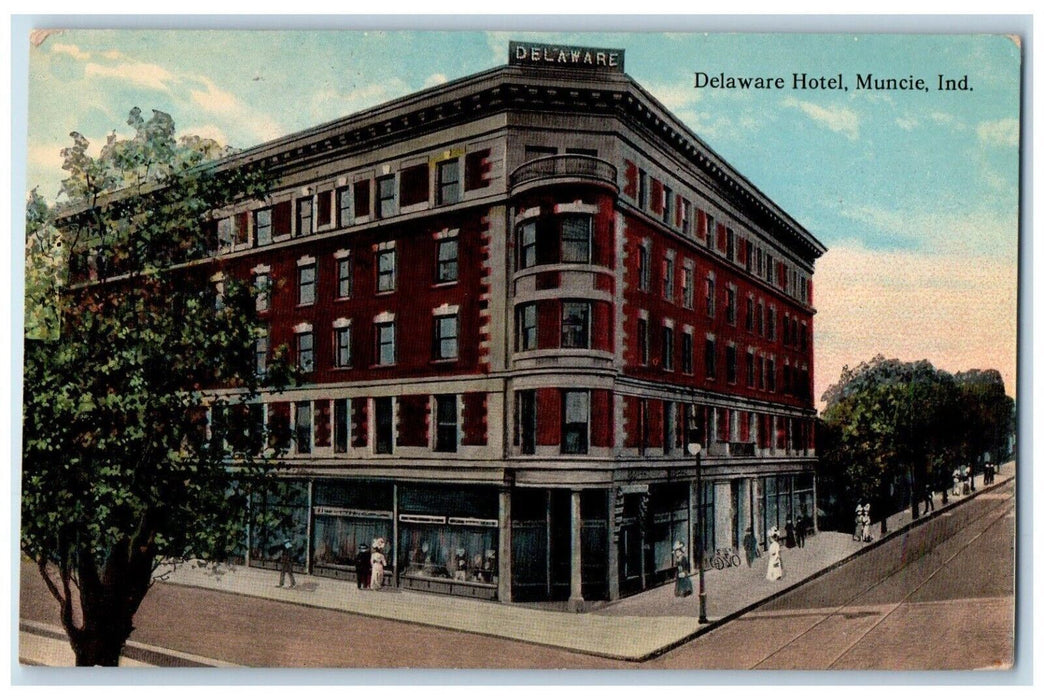 1913 Delaware Hotel Building Bicycle Scene Street Muncie Indiana IN Postcard