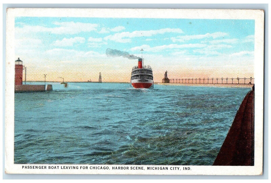 1925 Passenger Boat Leaving For Chicago Harbor Scene Michigan City IN Postcard