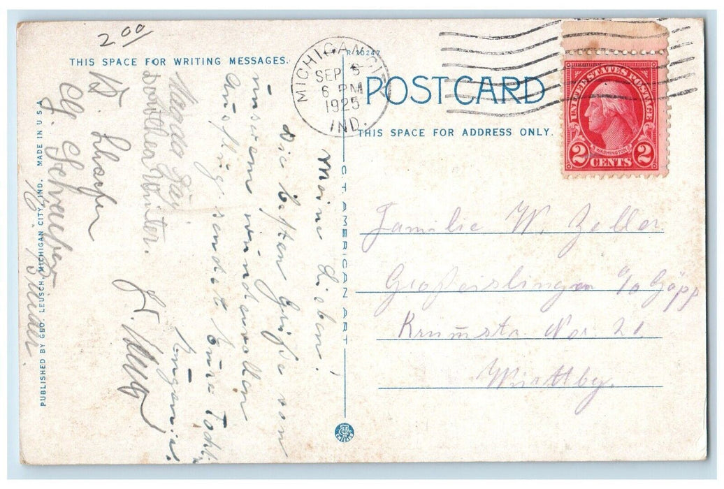 1925 Passenger Boat Leaving For Chicago Harbor Scene Michigan City IN Postcard