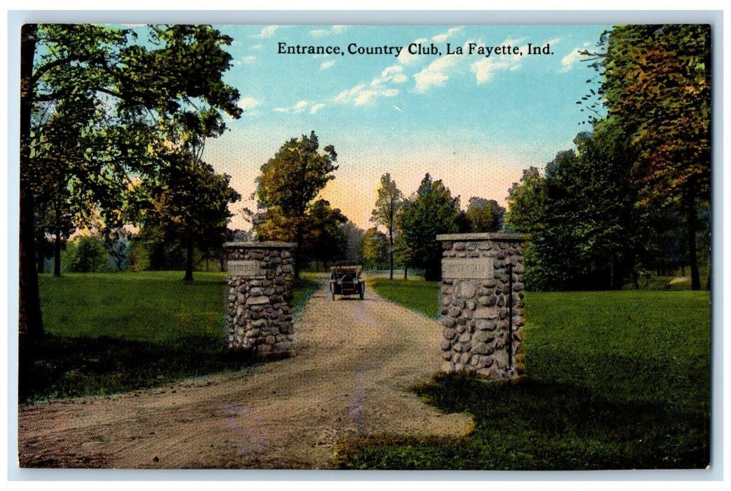 c1910 Car Passing Entrance of Country Club La Fayette Indiana IN Postcard