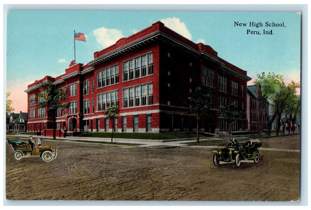 c1910's New High School Building Cars Dirt Road Peru Indiana IN Antique Postcard