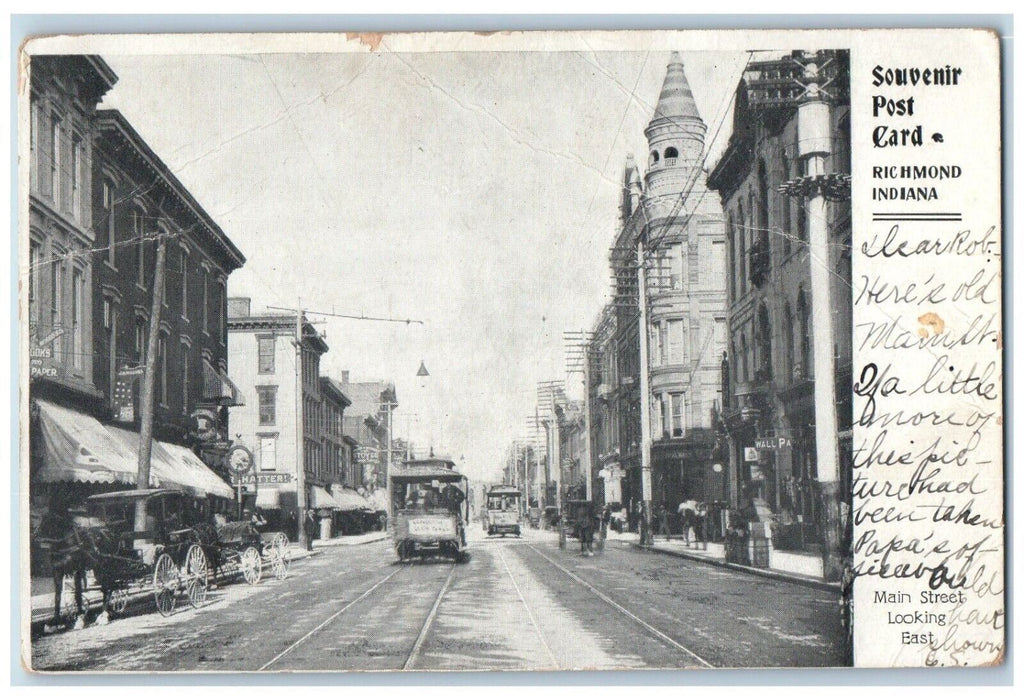 1906 Main Street Looking East Trolley Stores Richmond Indiana IN Posted Postcard