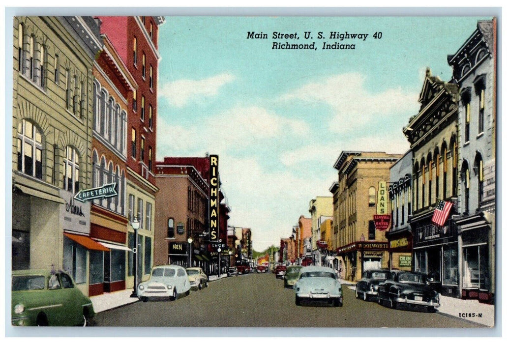 c1930's Main Street US Highway 40 Cafeteria Richmans Stores Richmond IN Postcard