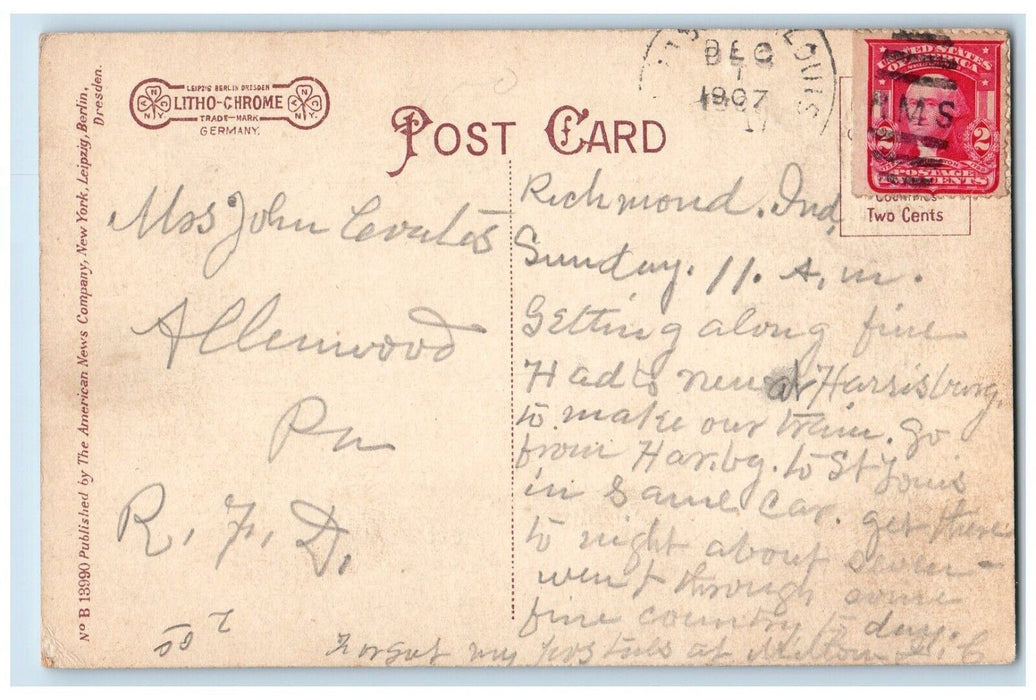 1907 First ME Church Scene Street Richmond Indiana IN Posted Antique Postcard