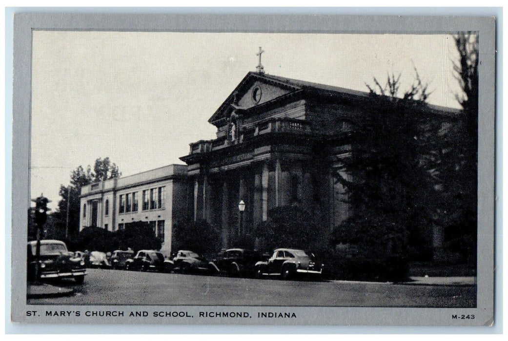 c1930's St. Mary's Church And School Building Cars Richmond Indiana IN Postcard