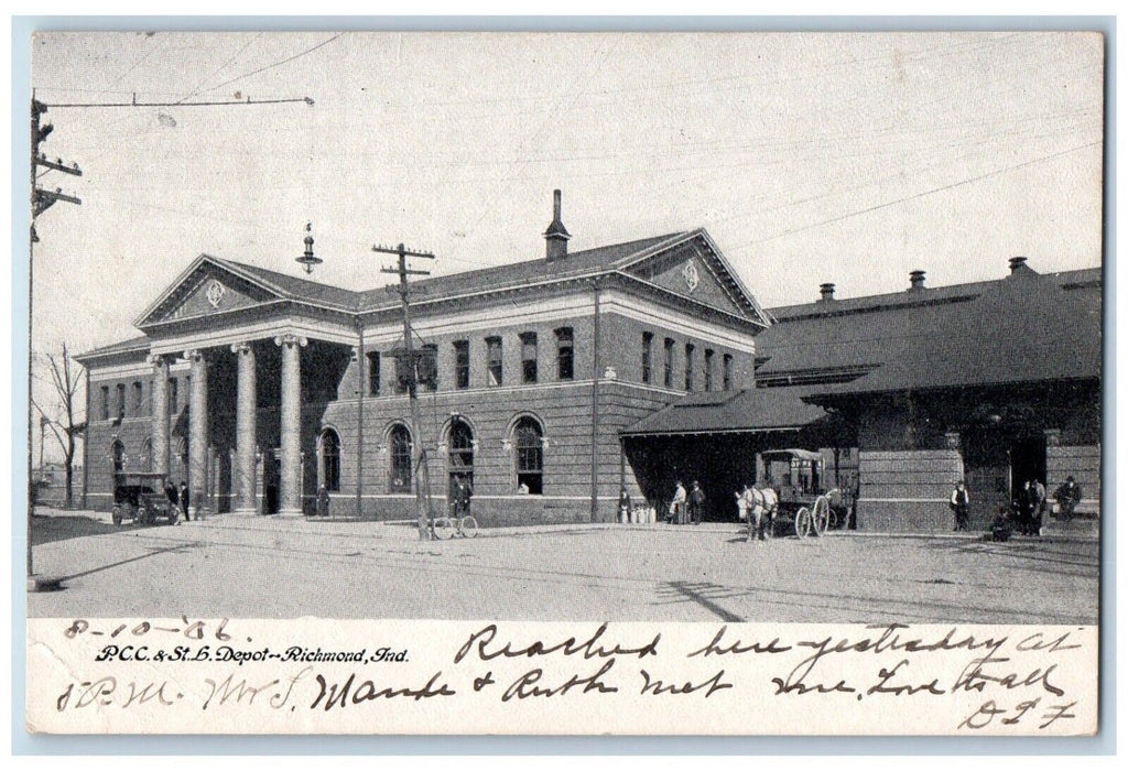 1906 PCC & St. L. Depot Bicycle Car Horse Carriage Richmond Indiana IN Postcard