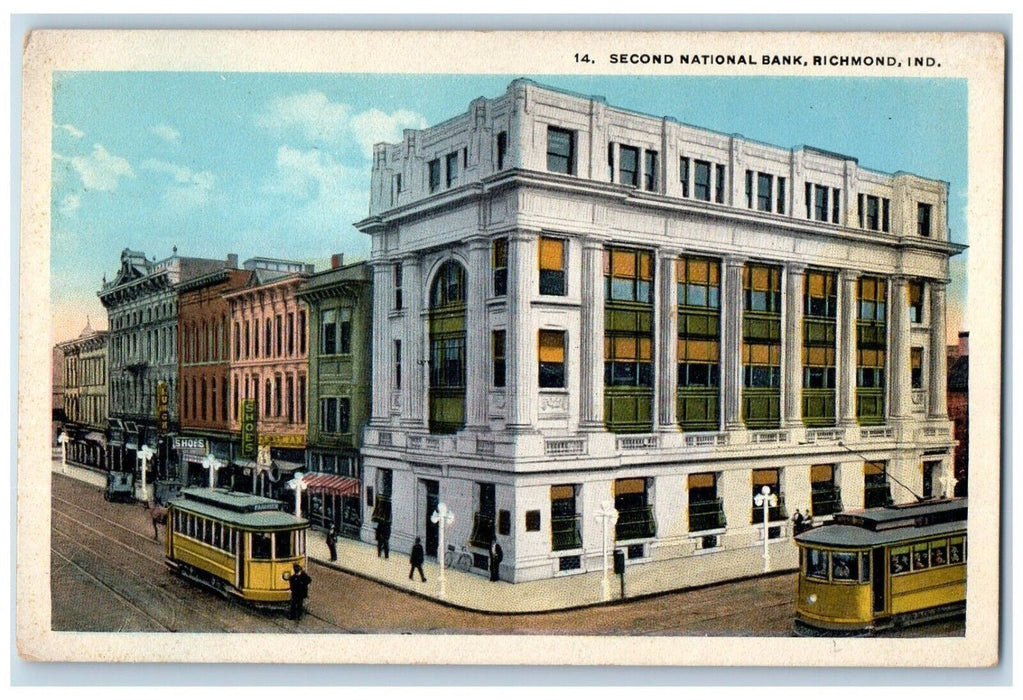 c1930's Second National Bank Building Trolley Richmond Indiana IN Postcard
