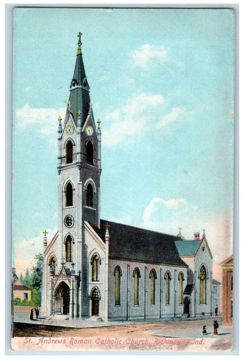 1910 St. Andrews Roman Catholic Church Tower Clock Richmond Indiana IN Postcard