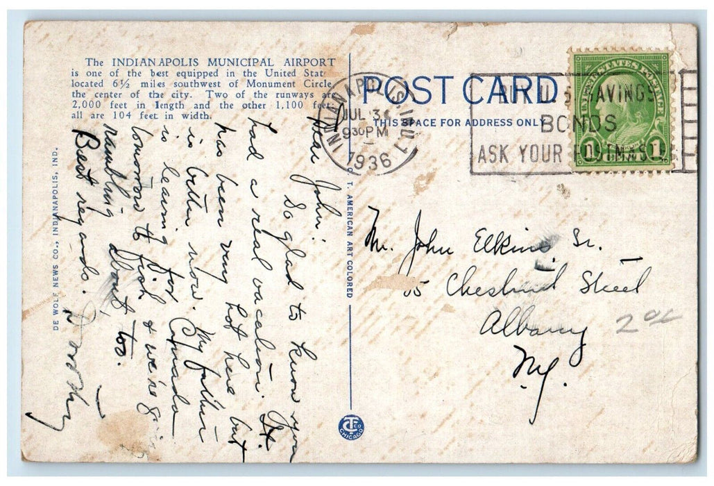 1936 Aerial View Indianapolis Municipal Airport Indianapolis Indiana IN Postcard