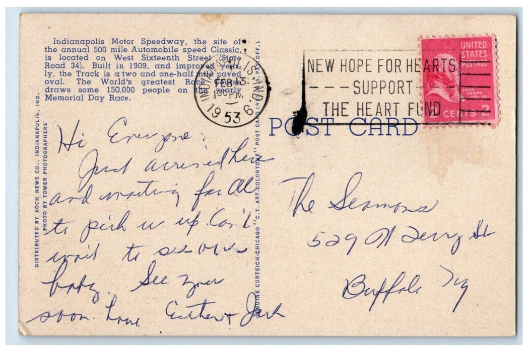 1953 Indianapolis Motor Speedway Annual 500 Mile Classic Race Indiana Postcard