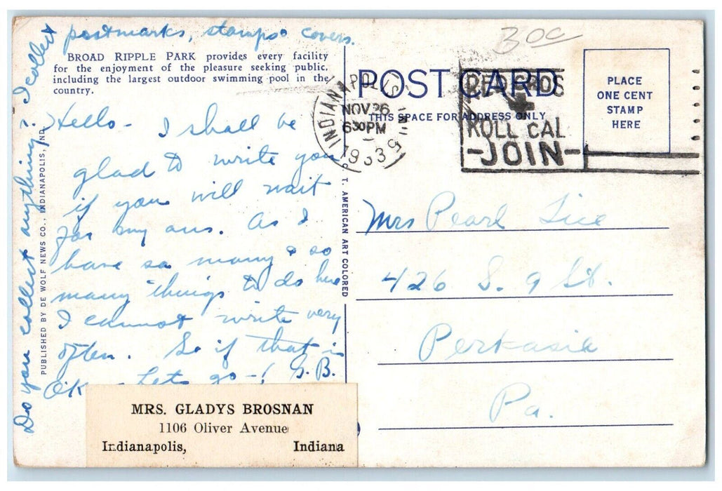 1933 Scenic View Amusements Broad Ripple Park Indianapolis Indiana IN Postcard