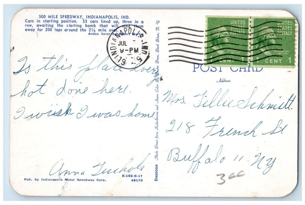 c1960 500 Mile Speedway Car Race Indianapolis Indiana Vintage Antique Postcard