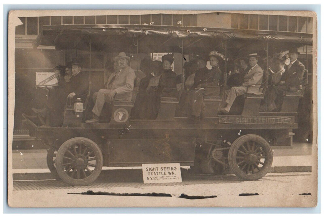 1909 Sightseeing Tour Bus Passengers Seattle WA RPPC Photo Posted Postcard