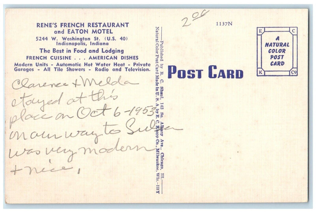 1949 Rene French Restaurant Eaton Motel Multi-View Indianapolis Indiana Postcard