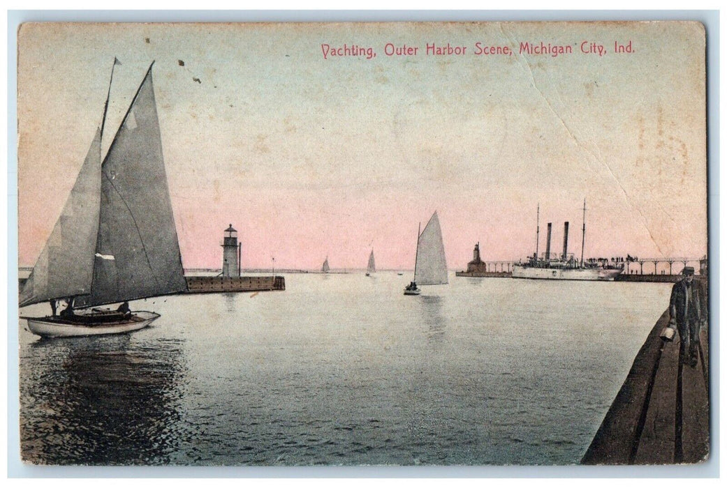 1911 Yachting Outer Harbor Scene Michigan City Indiana IN Posted Postcard