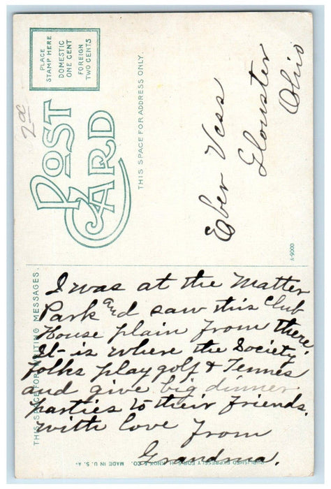 c1910 Country Club Marion Indiana IN SH Knox & Co. Posted Antique Postcard