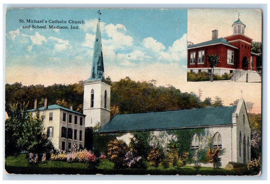 c1910 St. Michael's Catholic Church and School Madison IN Unposted Postcard