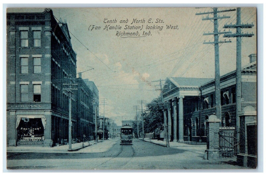 1907 Tenth North E Streets Looking West Streetcar Richmond Indiana IN Postcard